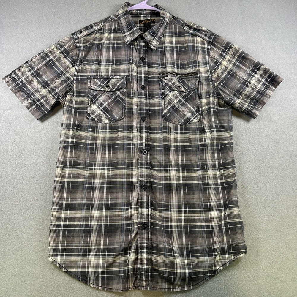 Helix Mens Plaid Short Sleeve Button Up Shirt Black Grey Epaulets Size Medium